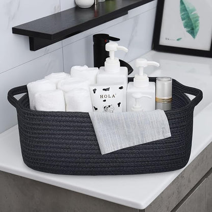 ABenkle Small Storage Basket with Handles, Cotton Rope Woven Dog Cat Toy Bin, Decorative Shelves Closet Organizing for Nursery Laundry Bedroom Bathroom, 14.2''x 11''x 5.1''
