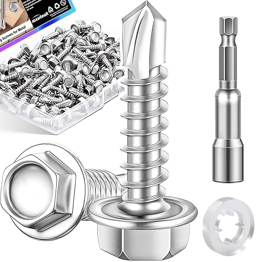 mxuteuk 300PCS #8×3/4" Self Tapping Screws,410 Stainless Steel Self Tapping Screws for Metal,Hex Washer Head Self Drilling Screw Suitable for Wood,Metal or Tough Materials(150pcs Screw+150pcs Washer)