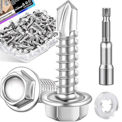 mxuteuk 300PCS #8×3/4" Self Tapping Screws,410 Stainless Steel Self Tapping Screws for Metal,Hex Washer Head Self Drilling Screw Suitable for Wood,Metal or Tough Materials(150pcs Screw+150pcs Washer)