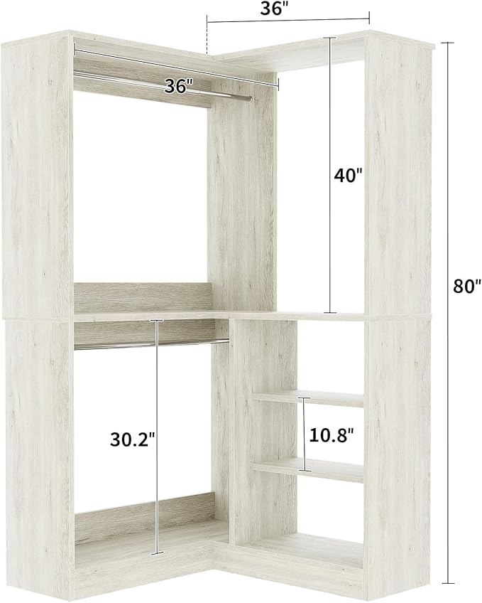 Unikito 36 Inch Corner Closet System, Large Freestanding Closet Organizer System with 2 Hanging Rods and Storage Shelves, Sturdy Walk in Tower, 36" W x 36" D x 80" H, White Oak