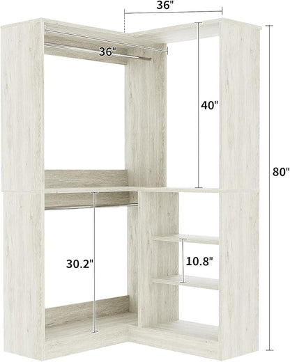 Unikito 36 Inch Corner Closet System, Large Freestanding Closet Organizer System with 2 Hanging Rods and Storage Shelves, Sturdy Walk in Tower, 36" W x 36" D x 80" H, White Oak
