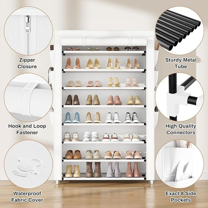 Shoe Rack with Cover, 8 Tier Tall Shoe Organizer Storage for 36-45 Pair Shoes and Boots Large Shoe Storage Shelf Free Standing Shoe Rack for Closet, Front Door Entrance, Dorm, Garage, White