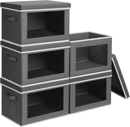 Stackable Storage Bins with Lids - Large Decorative Basket with Lids, Fabric Foldable Closet Organizer Bins, Shelf Organizer for Living Room, Dorm, 5 Pack, Dark Grey