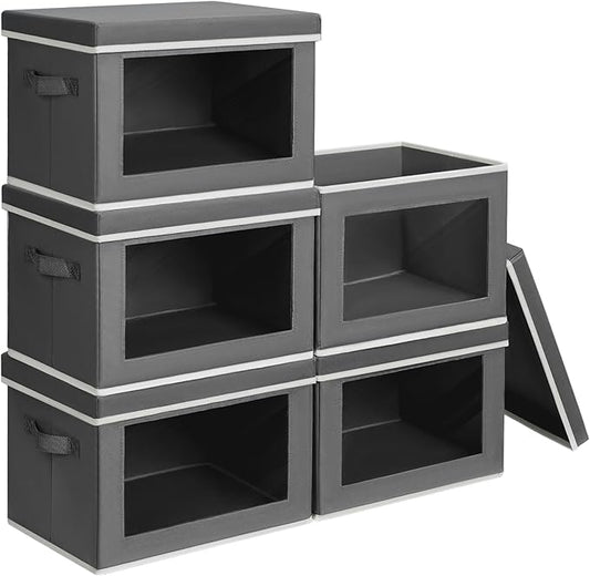 Stackable Storage Bins with Lids - Large Decorative Basket with Lids, Fabric Foldable Closet Organizer Bins, Shelf Organizer for Living Room, Dorm, 5 Pack, Dark Grey