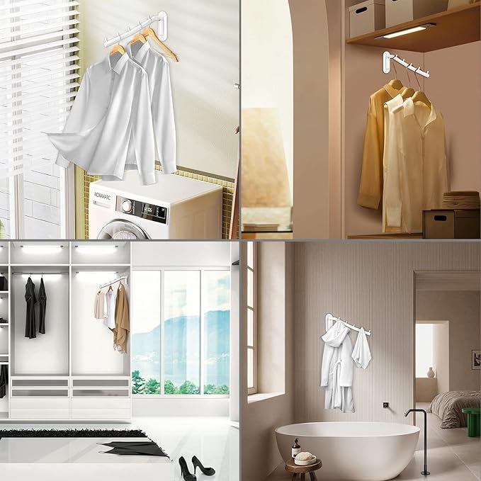 Sumnacon Stainless Steel Clothes Hanger Rack-Wall Mount Clothing Rack with Swing Arm, Sturdy Clothing Hanger Rack for Laundry Room Bedrooms Clothing Drying Rack with 5 Hooks, White