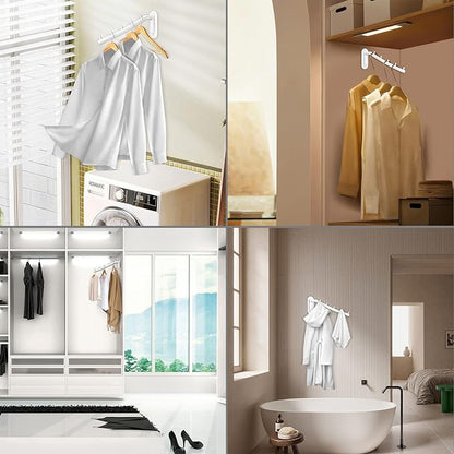 Sumnacon Stainless Steel Clothes Hanger Rack-Wall Mount Clothing Rack with Swing Arm, Sturdy Clothing Hanger Rack for Laundry Room Bedrooms Clothing Drying Rack with 5 Hooks, White