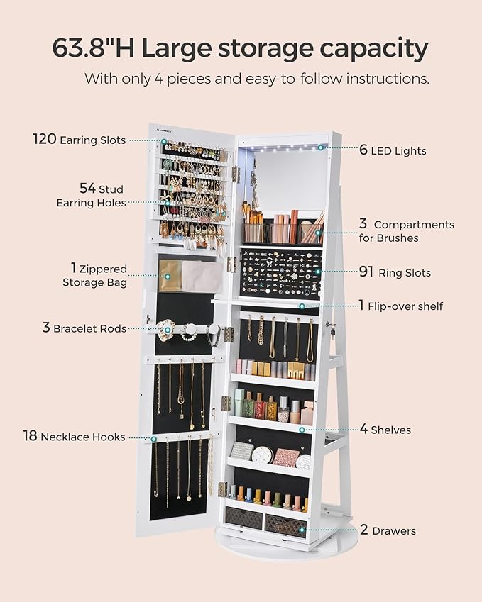 SONGMICS 6 LEDs Lockable Mirror Jewelry Cabinet, 360° Swivel Jewelry Organizer Armoire Standing, Frameless Full-Length Mirror, 3 Storage Shelves, White Surface, Black Lining UJJC007W01