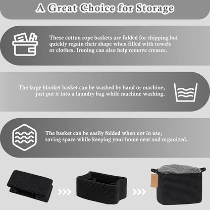 Goodpick Black Storage Basket for Shelves, Woven Baskets for Storage, Toy Baskets Storage Kids, Towel Basket with Handles for Living Room, Bathroom, 13 x 10 x 9 Inches