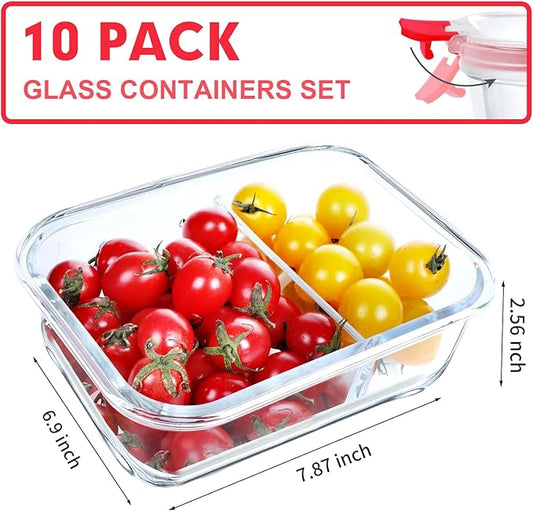 VERONES 10 Pack Glass Meal Prep Containers 2 Compartment Set, 30 OZ Airtight Glass Lunch Containers, Food Storage Containers with Lids, for Microwave, Oven, Freezer & Dishwasher Friendly，Red