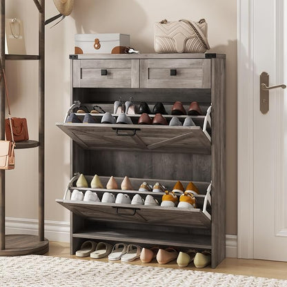 Shoe Cabinet with 2 Flip Drawers & 2 Drawers,Farmhouse Shoe Storage Cabinet for Entryway,Slim Freestanding Narrow Organizer Rack for Front Door Entrance,Grey