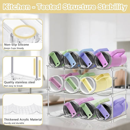 Stackable Water Bottle Organizer for Cabinet - Acrylic Tumbler Organizer Storage Rack for Stanley 40oz, Stanley Cup Holder, Pantry Kitchen Organizers and Storage for Stanley Cup, Holds 12 Bottles