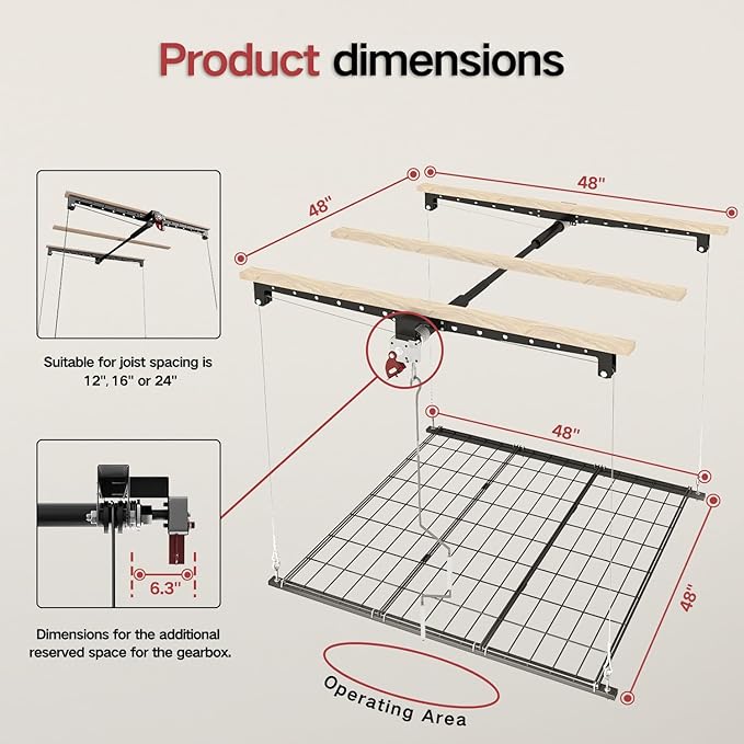 Overhead Garage Storage Rack, Heavy-duty 4x4 Ft Ceiling Storage Racks with Safety Lock, Ideal for Garage Storage Mounted Lift System and Storage Organizer, 250lbs Capacity, Black (10-12 ft Ceiling)