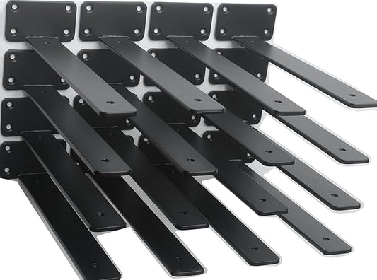 16 Pack - 10 inch Black Hidden L Shelf Bracket (1/5 Inch Thicked) Iron Floating Shelf Brackets Rustic Industrial Metal Brackets for Shelf Support