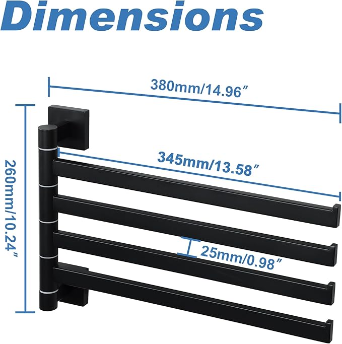 Alise Swivel Towel Rack, 4-Arm Towel Bar, Space Saving Towel Rack Wall Mount Drying Towel Holder, Swing Out Towel Holder for Bathroom Kitchen Toilet, Square SUS304 Stainless Steel, Matte Black