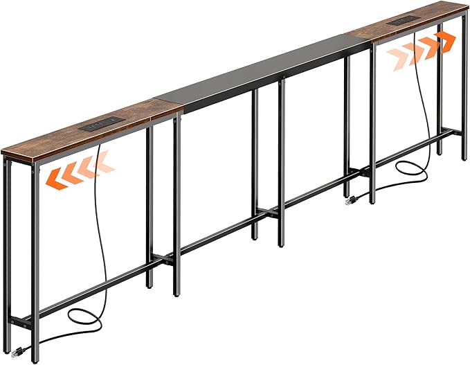 Huuger Narrow Sofa Table with 2 Power Outlets, 110.2-157.5 Inch Adjustable Length, Behind The Couch Table with USB-C Port, Long Entryway Console Table, Anti-tip Kit, for Living Room, Rustic Brown
