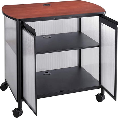 Safco 1859BL Impromptu Mobile Multi-Use Print Stand with Doors, Hide & Organize Supplies, Cherry Top, Black Frame, Weight 200 lbs. Capacity, Contemporary Design, Swivel Mobile Wheels