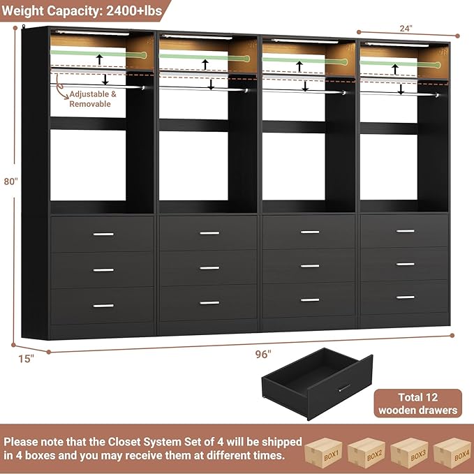 8FT Closet System with 4 Motion Sensor LED Lights, 96" Closet Systems with 12 Drawers, Closet Organizer System with 4 Hanging Rods & 4 Shelves, Heavy Duty 96 Inch Walk-in Closet, Black