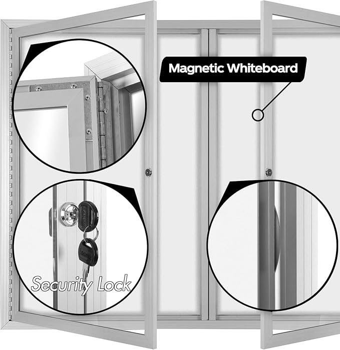 INNOVART Enclosed Bulletin Board 48”x36”, Lockable Dry Erase Noticeboard with Aluminum Frame, Outdoor Enclosed Whiteboard Weatherproof, Wall Display Case with Swing-Open Door Information Cabinet