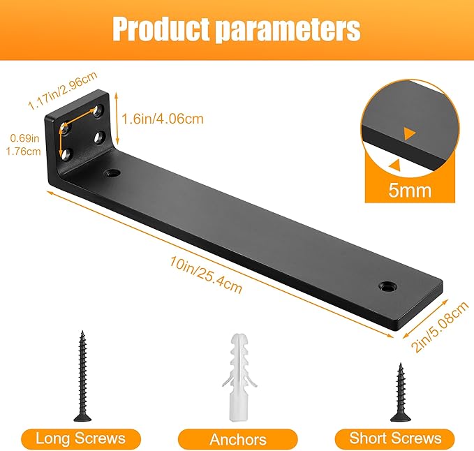 Floating Shelf Brackets 10 inch, Heavy Duty Wall Shelf Bracket 6 Pack for Shelves Support, Hidden Metal L Brackets with Mounting Hardware (1/5'' Thick)