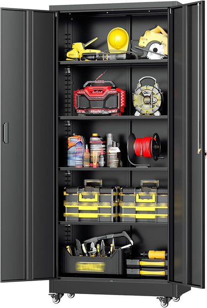 Greenvelly 73" Rolling Storage Cabinet,Black Metal Garage Cabinet with Locking Doors and 4 Adjustable Shelves for Home,Kitchen,Office,Warehouse(32" W x 16" D,Wheels)