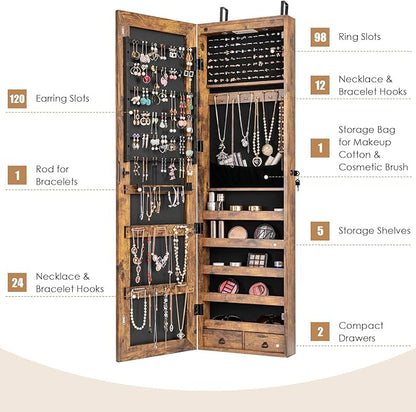 Giantex Wall Door Mounted Jewelry Armoire Cabinet with 47.5" H Full Length Mirror, 2 LEDs Lockable Jewelry Organizer Box with Bracelet Rod, 2 Drawers, Large Storage Capacity (Rustic Brown)