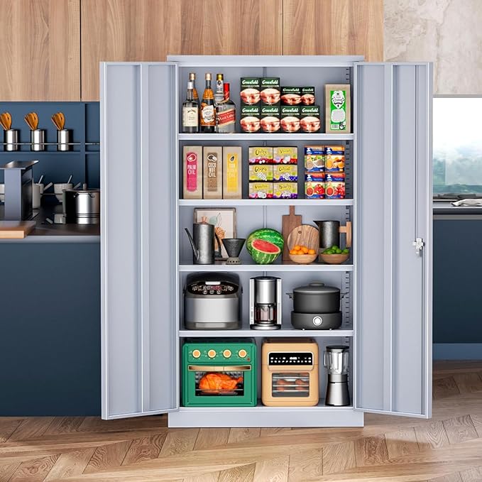Bonusall Tool Garage Cabinet with Lock, 2 Doors Metal Storage Cabinets with 4 Adjustable Shelves, Lockable Steel Cabinet for Home Office, Warehouse，School(Cement Grey)
