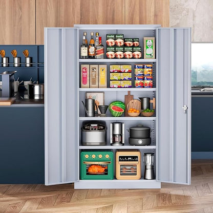Bonusall Mental Garage Cabinets with 2 Doors and 4 Shelves, Locking Cabinet with for Tool，Steel Garage Storage Cabinets for Home Office, Warehouse，School(Cement Grey)
