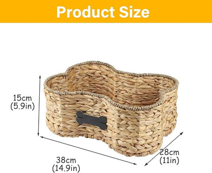 Pet Dog Toy Basket - Bone Shape Storage Bin, Personalized Organizer for Cat Toys, Wicker Holder Box for Living Room, Handmade Water Hyacinth