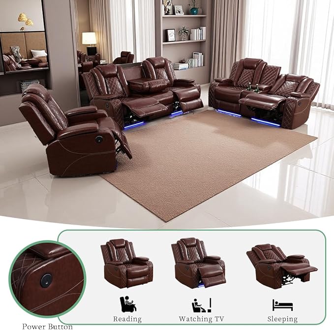 Living Room Furniture Sets, Power Reclining Sofa Set with LED Light, Brown 3-Piece Power Recliner Sofa with Cup Holders, Storage Console, Drop-Down Table for Office/Living Room/Home Theater