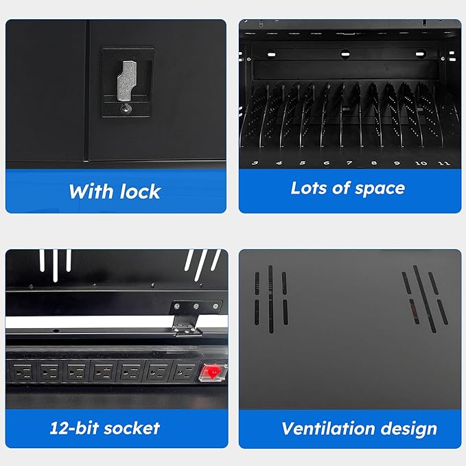 12 Device Charging Station for Laptops & Tablets, Portable Lockable Charging Cabinet Lock Box with Cable Management,Fits 17in Laptop Computers Chromebooks, for Classroom, Library, and Office(Black)