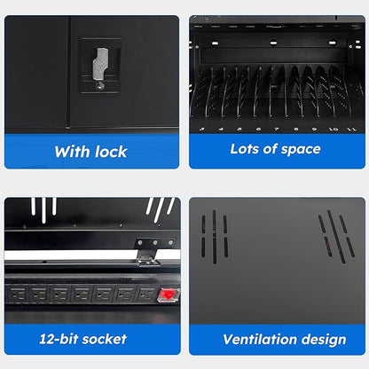 12 Device Charging Station for Laptops & Tablets, Portable Lockable Charging Cabinet Lock Box with Cable Management,Fits 17in Laptop Computers Chromebooks, for Classroom, Library, and Office(Black)