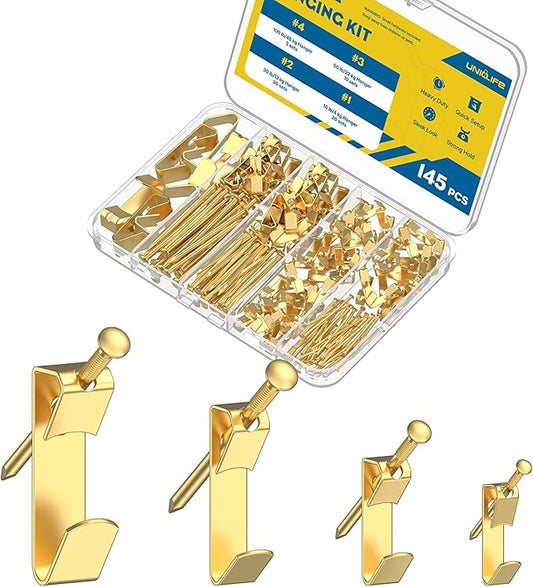 Uniclife 145 Pcs Picture Hanging Kit, 10 lb, 30 lb, 50 lb, 100 lb Heavy Duty Picture Hangers for Drywall & Wood, Picture Hanging Hooks, Frame Hooks for Hanging Photos Mirrors Paintings