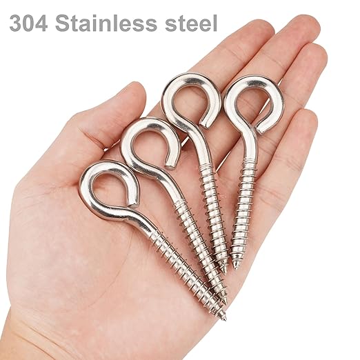 Aovchei Eye Screws, 8Pcs 3.25 inches 304 Heavy Duty Stainless Steel Screw Hooks, Rust-Resistant Self Tapping Eyelet Bolts for Wood, Securing Cables Wires, Indoor & Outdoor for Hanging Artwork