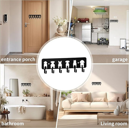Key Hooks Decorative Dog Leash Holder for Wall, 6 Hooks 9.84×3.14 inch for Wall Decorative Animal Storage Rack Adhesive, Black Key Holder wall Mount for Entrance Living Room Kitchen-Dog Lovers Gifts