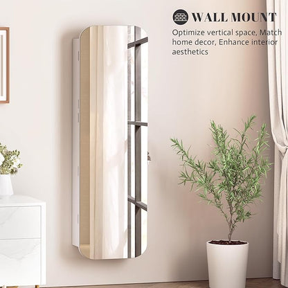 Vlsrka 6 LEDs Mirror Jewelry Cabinet Door Hanging, 47.2" Wall Mounted Jewelry Cabinet, Lockable Full Length Mirror with Storage, Rounded Corner Mirror Jewelry Organizer, 2 Drawers, White
