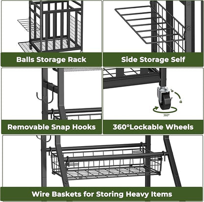 Sports Equipment Garage Organizer,Garage Ball Storage Rack with Elastic Straps,Small Rolling Ball Holder Cart with Wheels for Sports Gear,Indoor/Outdoor Toy Storage with Hooks and Baskets,BK