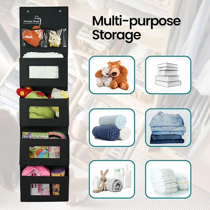 4 Tires Over The Door Organizer- Hanging Shelves with 2 Large Capacity Pockets-Storage Organizer For Kitchen, Baby Organizer Toys Nursery, Bathroom, Bedroom Hanging Closet Organizer-Black
