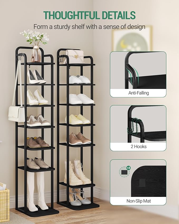 8 Tiers Vertical Shoe Rack, Narrow Shoe Tower, Tall Shoes Shelf with 2 Hooks, Adjustable Shelves, Corner Shoes Shelves for Small Spaces, Entryway, Living Room, Black SR04304B