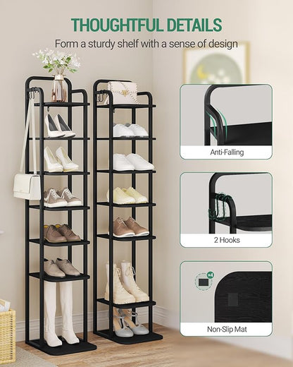 8 Tiers Vertical Shoe Rack, Narrow Shoe Tower, Tall Shoes Shelf with 2 Hooks, Adjustable Shelves, Corner Shoes Shelves for Small Spaces, Entryway, Living Room, Black SR04304B