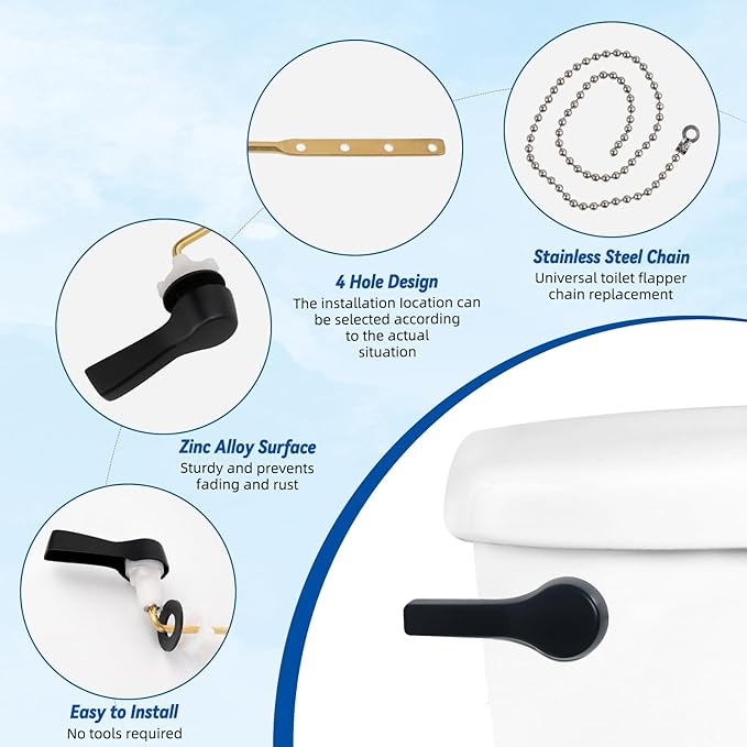 Hibbent Universal Front Mount Metal Toilet Handle Replacement Kit, Brass Toilet Tank Flush Lever with Stainless Steel Adjustable Flapper Chains for Most Toilets, Matte Black