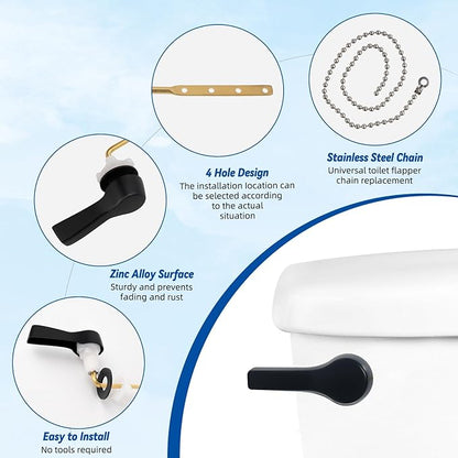 Hibbent Universal Front Mount Metal Toilet Handle Replacement Kit, Brass Toilet Tank Flush Lever with Stainless Steel Adjustable Flapper Chains for Most Toilets, Matte Black