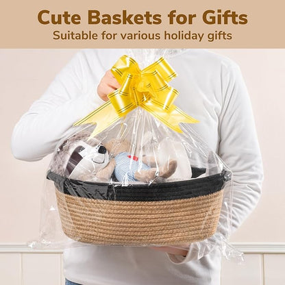 Goodpick Small Woven Basket, Decorative Basket for Home Decor, Small Woven Baskets with Handles for Gifts, Dog Toy Bin, Storage Baskets for Bathroom, Living Room, 12"x 8" x 5", Jute and Black