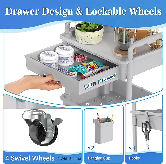4 Tier Rolling Utility Cart with Drawer, Storage Organizer Cart with 2 Lockable Wheels, Multifunctional Rolling Storage Cart for Bathroom, Kitchen, Craft, Makeup, Baby Essentials, Gray