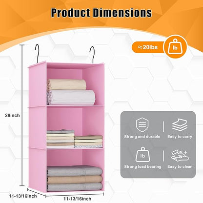 Hanging Closet Organizer and Storage 3-Shelf, Easy Mount Foldable Hanging Closet Wardrobe Storage Shelves, Clothes Handbag Shoes Accessories Storage, Washable Oxford Cloth Fabric, Pink