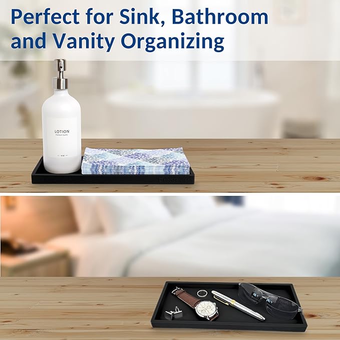 Countertop and Vanity Tray - 11.7" Silicone Bathroom Tray Countertop, Dish Soap Trays for Kitchen Counter, Organizer Accessories Caddy, Toilet Laundry Shower Oil Makeup Mat, Black