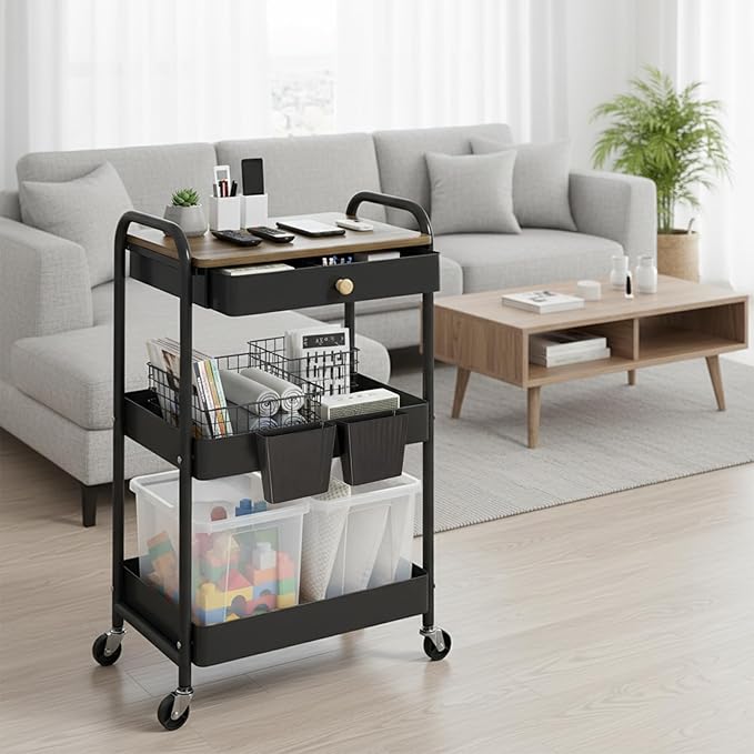 danpinera Rolling Cart with Drawers, Black Storage Cartwith Locked Wheels, Hooks & Hanging Cups for Any Room
