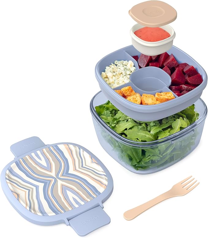 Bentgo Glass Prints Salad Container - 7.6-Cup Tinted Glass Salad Bowl with Airtight Lid, Leak-Proof Sauce Container, 4-Compartment Bento Meal Prep Tray & Reusable Fork (Wildly Chic - Soft Blue)