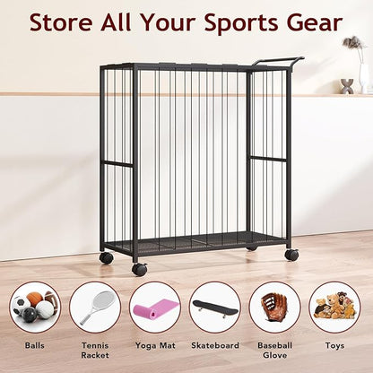 Ball Storage Bin Rolling Sports Ball Cart, Metal Garage Organizer Sport Rack, Ball Basket Storage, Ball Cage for Garage or Gym, Indoor & Outdoor Sports Equipment Organizer Black