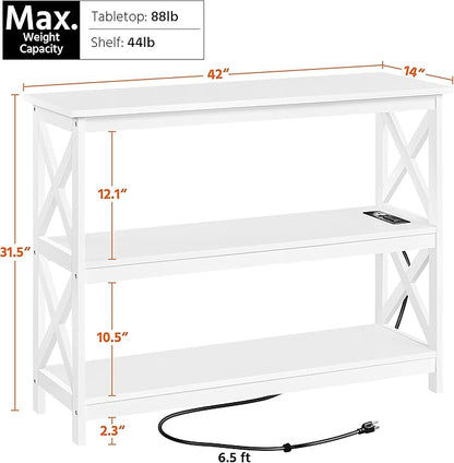 Yaheetech Entryway Table with Storage Shelves, Console Table with Power Outlets and USB Ports, Wood Narrow Sofa Tables with X-Shaped Design for Living Room/Hallway/Couch, White
