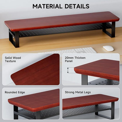 Dual Monitor Stand, 35.4 Inch Monitor Stand Riser for 2 Monitors, 2 Tiers Wood Desk Shelf with Storage, Desktop Organizer Stand for Computer, Laptop, Printer, TV (Reddish Brown, 35.4in)